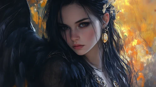 Digital painting portrait of dark-winged girl in autumn light.