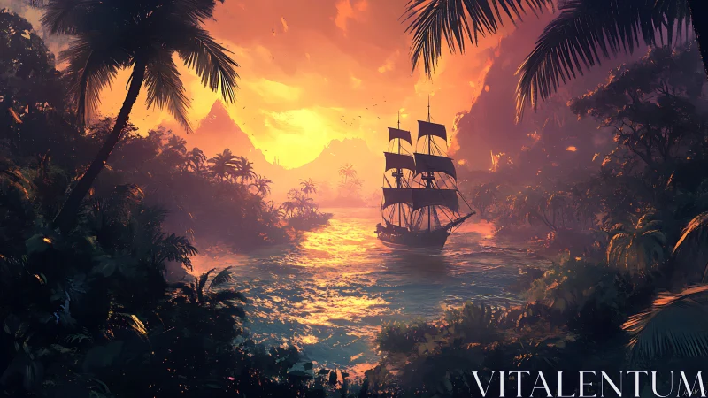 Golden Age Galleon Discovers Paradise Lagoon at Sunset.