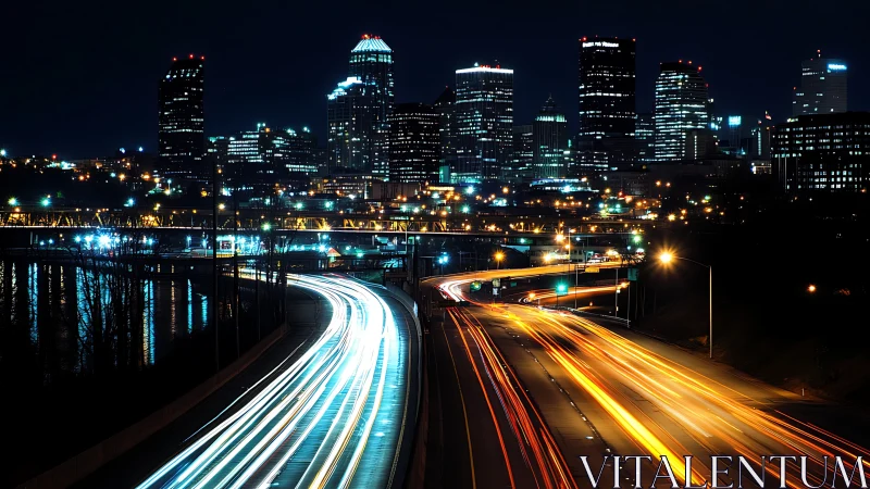 Long exposure captures urban freeway light trails at night