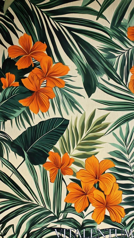 Tropical Floral Composition with Orange Hibiscus and Palm Fronds.