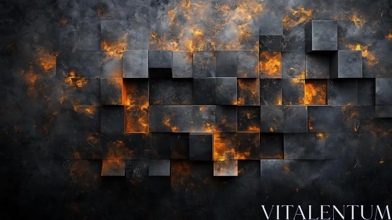 Abstract geometric wall with fiery textures in a modern digital art style.