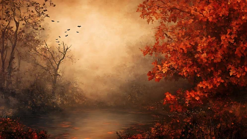 Autumn riverbank under diffused golden fog with scarlet foliage