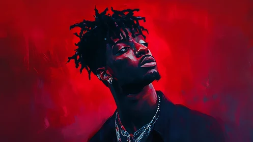 Portrait shows pensive man against vivid red abstract field