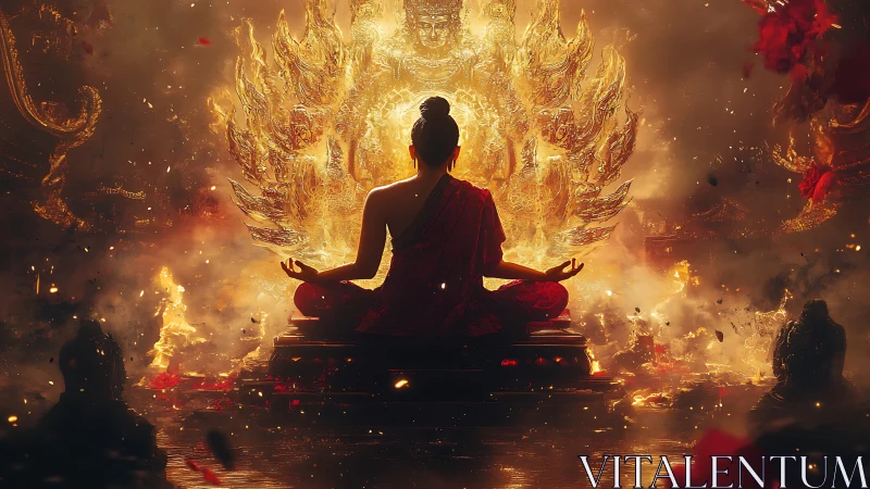 Serene monk in golden firelit meditation, glowing with calm.