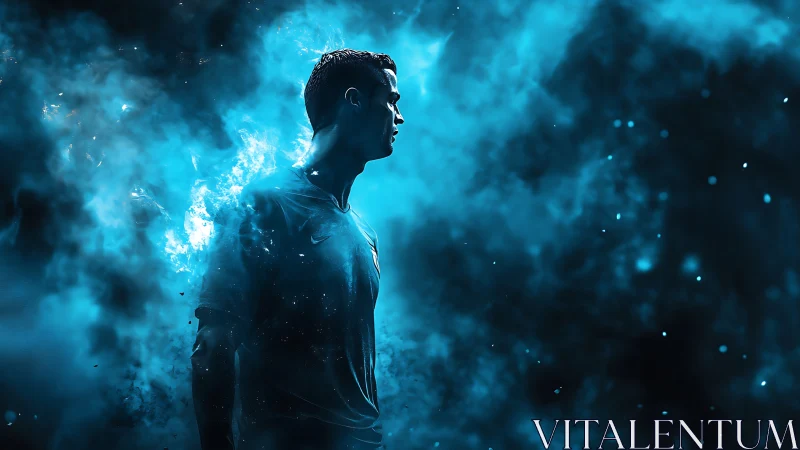 Silhouetted footballer in blue digital smoke environment.