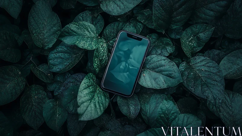 Smartphone rests on deep green foliage in soft shadow.
