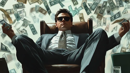 Power broker reclines in chair as cash storms overhead.