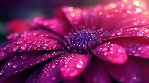 Macro floral with dew drops under vibrant magenta illumination.