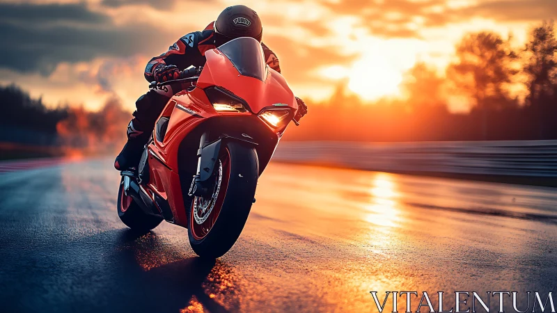 Sport motorcycle moves along wet racetrack at sunset