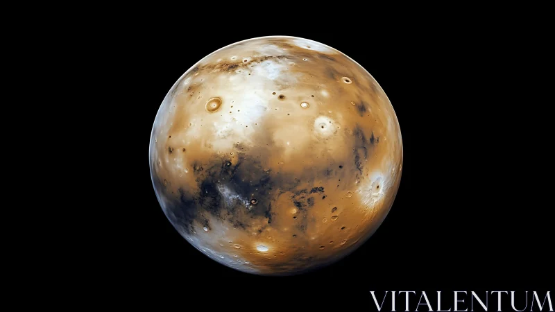 Spherical planetary body with cratered surface in space.