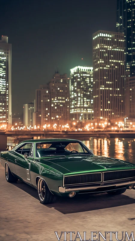 Midnight urban render of classic green muscle car chassis.