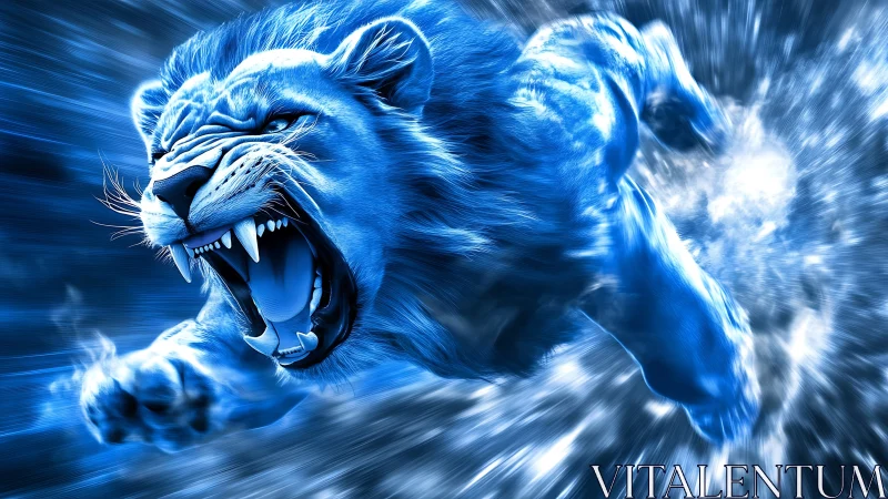 Blue glowing lion in dynamic digital motion burst.
