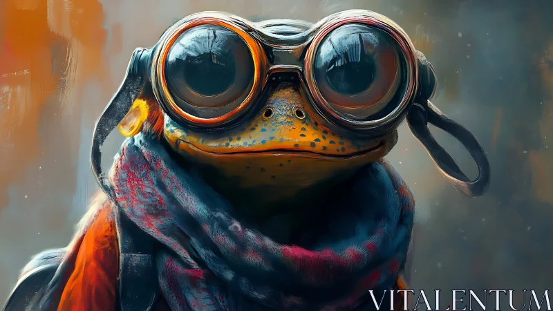 Steampunk explorer frog in oversized reflective goggles.