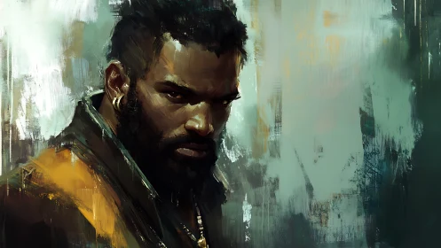 Brooding warrior glares through painterly urban haze