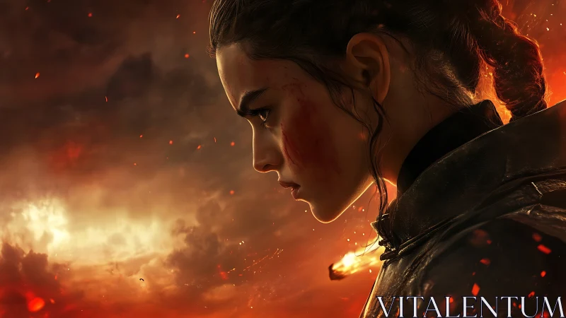 Young warrior in ember-lit sky pausing between storms.