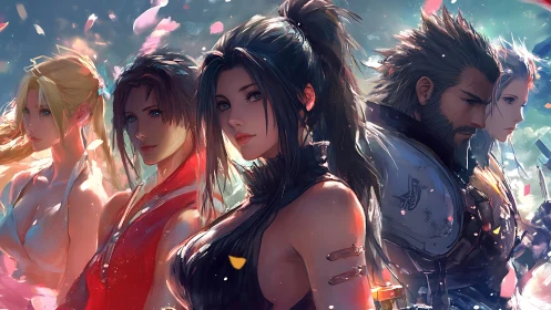 Heroic fantasy warriors stand united under drifting petals