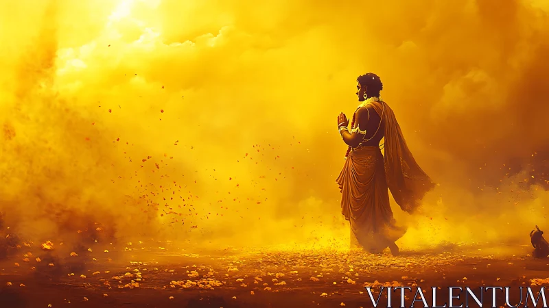 Golden pilgrim strides through blazing saffron stormscape.