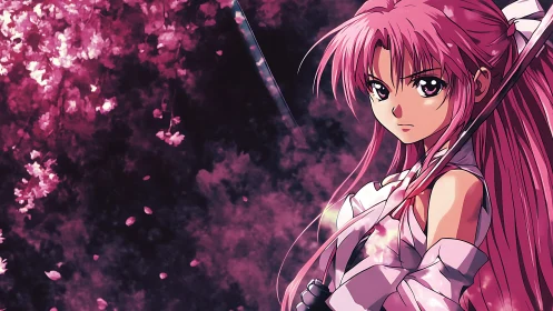 Pink haired anime swordswoman under falling cherry blossoms.