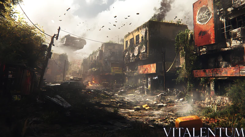 Post-apocalyptic city street rendered with volumetric smoke and debris
