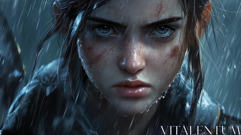 Determined young woman under heavy rain with fierce gaze.