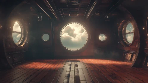 Steampunk airship interior with luminous cloud horizon view.