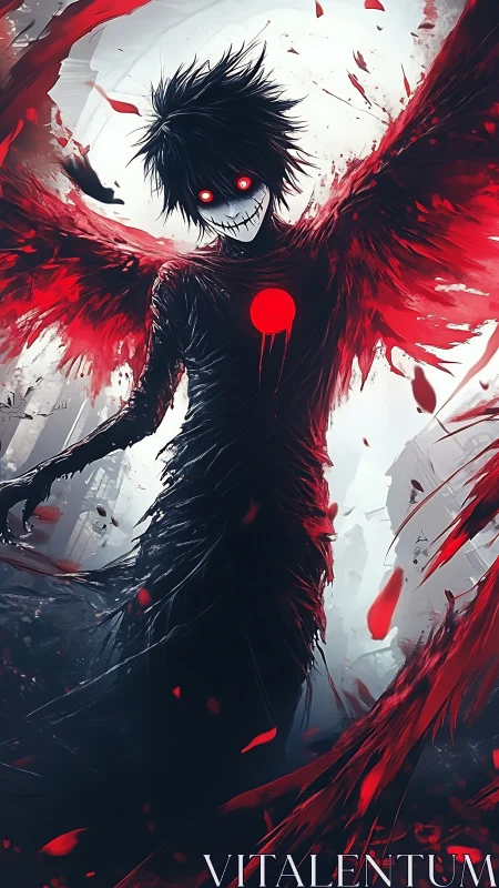 Grinning crimson fallen angel stalks a ruined nightmare city.