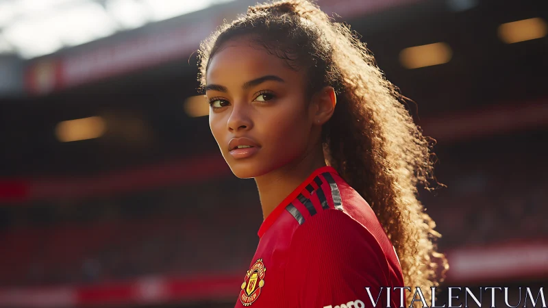 Confident young footballer glowing in golden stadium light.