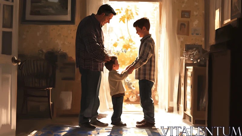 Father and children bonding at sunset doorway.