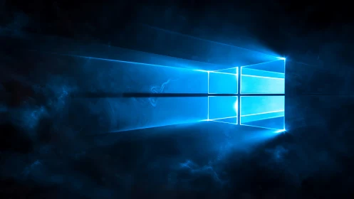 Blue luminous window logo projects light through digital fog