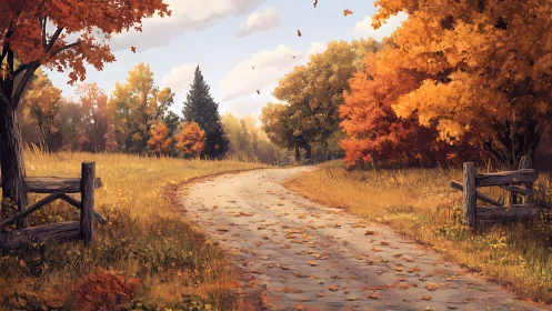 Country road winding through detailed autumn landscape.