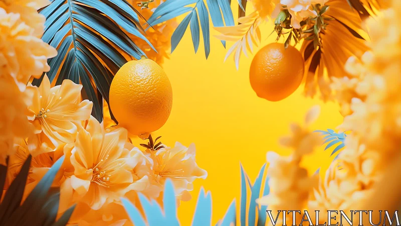 Citrus fruit with stylized foliage on monochrome backdrop.