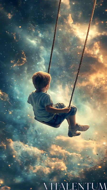 Small child swings through luminous cosmic cloudscape