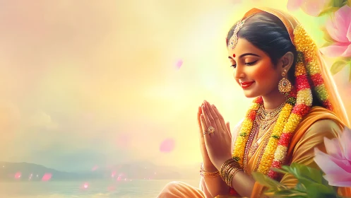 Graceful Indian woman in prayer by serene lotus lake.