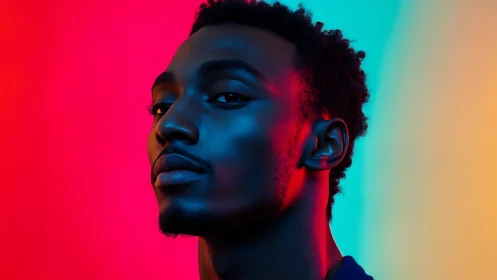 Portrait shows side-lit male subject against tricolor backdrop