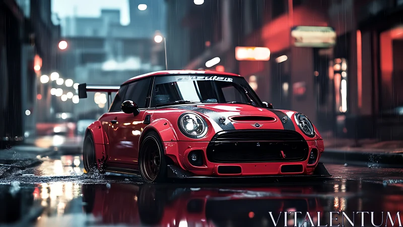Red street racer mini gliding through moody neon rain.