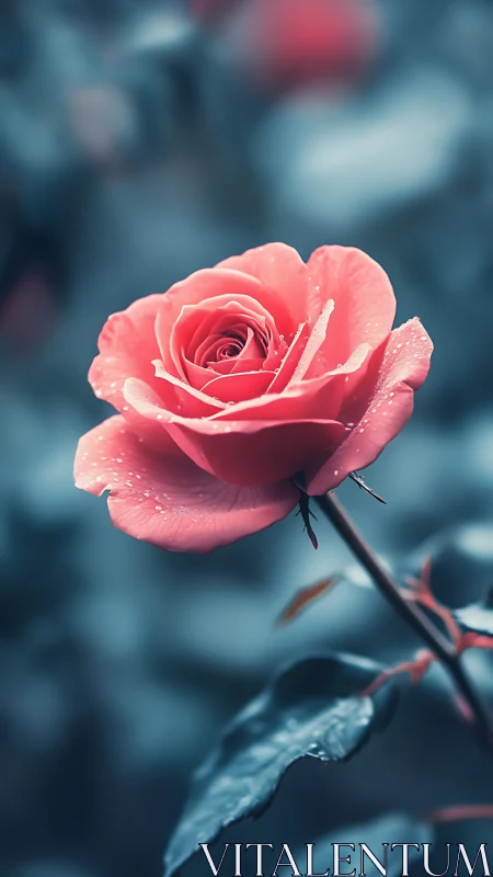 Vibrant Coral Rose Blooms Against Blue Backdrop.