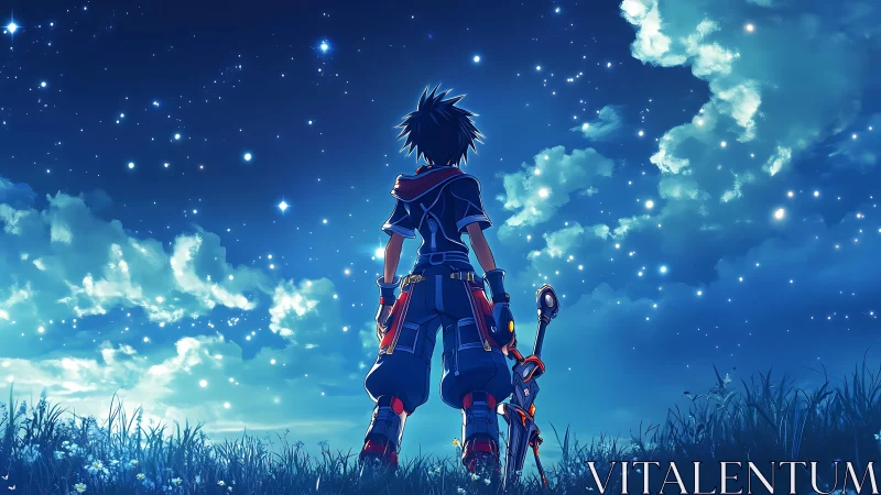 Youthful warrior stands in starry night field, facing sky