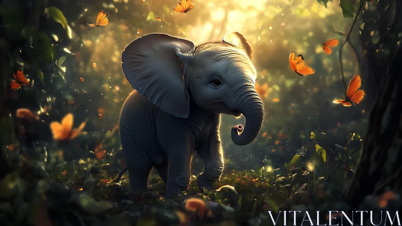 Baby elephant wanders through a glowing butterfly woodland.