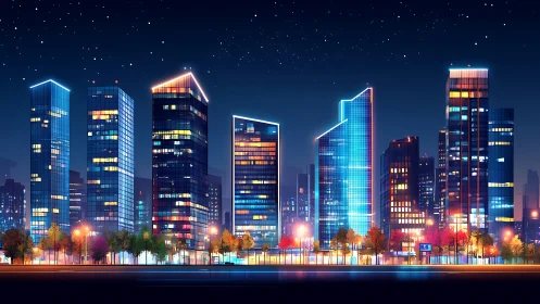 Neon city skyline glows softly under a clear, starry night