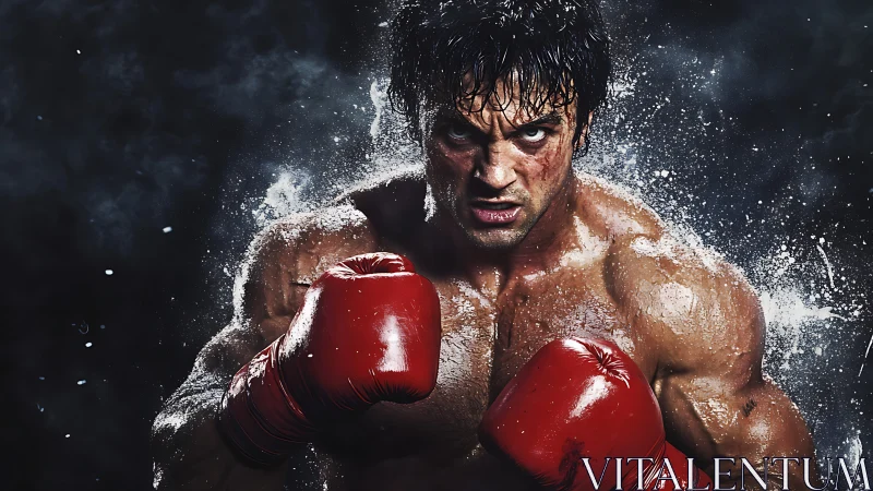 Boxer in Red Gloves Surrounded by Water Droplets