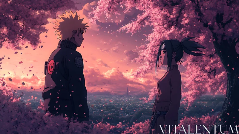 Sunset reunion beneath drifting cherry blossoms in bloom.