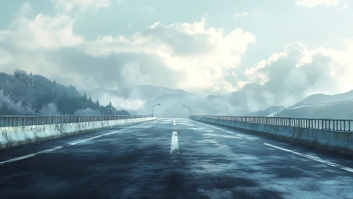 Deserted elevated highway under cold misty mountain light.