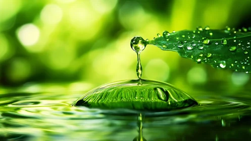 Single water droplet falls from wet leaf into green pool