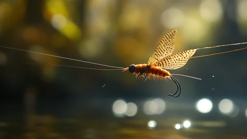 Fishing fly lure with insect wings suspended over water
