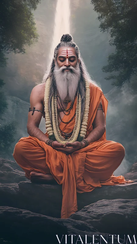 Elderly robed ascetic meditating before vertical waterfall.