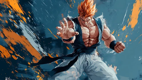 Fiery anime warrior unleashes a powerful forward energy strike.