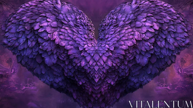 Violet feathered heart glows softly in a mystical haze