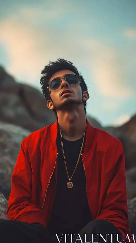 Portrait of young man in red jacket under warm dusk sky.