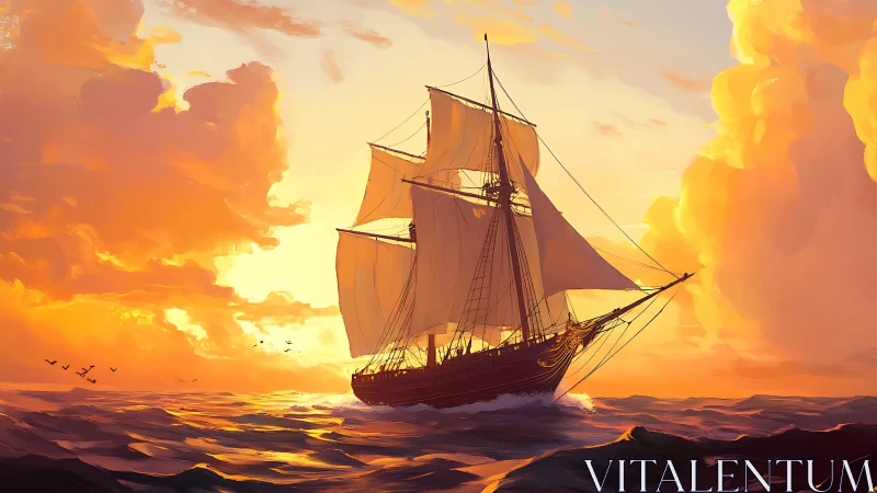 Golden-hour clipper sails across luminous painted seascape.
