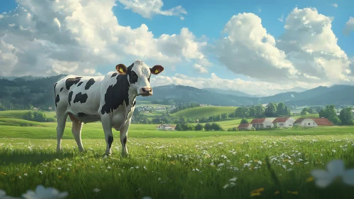 Calm Holstein cow standing in a sunlit wildflower meadow.